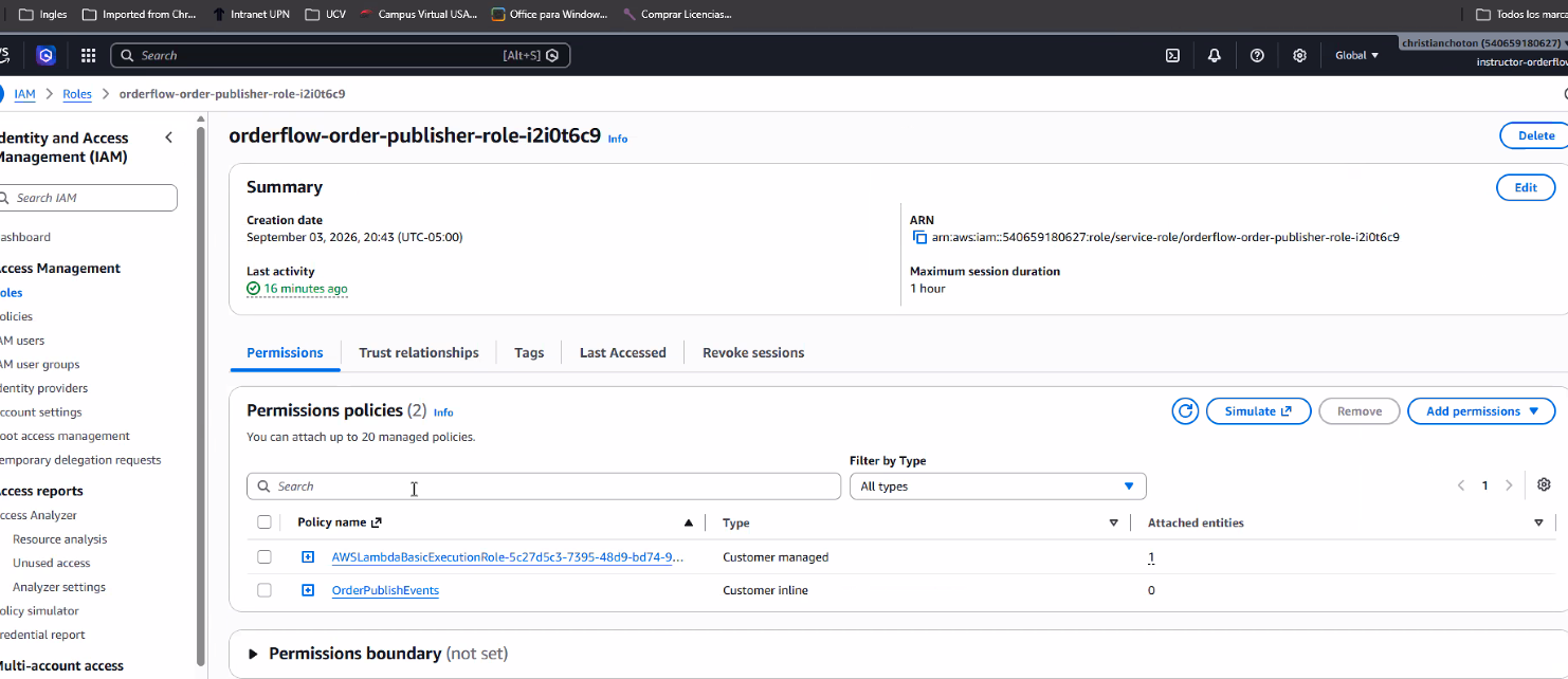 Rol IAM orderflow-order-publisher-role-i2i0t6c9 con 2 Permissions policies: AWSLambdaBasicExecutionRole-... (Customer managed) y OrderPublishEvents (Customer inline, 0 attached entities)