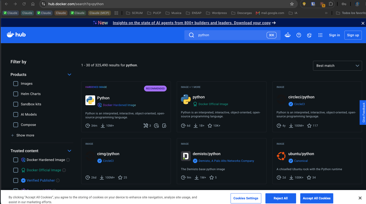 Captura del navegador en hub.docker.com/search?q=python: 1-30 de 325.490 resultados para "python". Primer resultado destacado "Python — Docker Hardened Image" con etiqueta RECOMMENDED; segundo resultado "python — Docker Official Image"; el resto son imágenes de terceros (circleci/python, cimg/python, demisto/python — A Palo Alto Networks Company, ubuntu/python — Canonical), cada una con su cantidad de descargas y estrellas