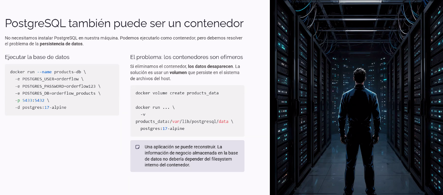 Slide "PostgreSQL también puede ser un contenedor": explica que no hace falta instalar PostgreSQL en la máquina, se puede ejecutar como contenedor, pero hay que resolver el problema de la persistencia de datos. A la izquierda, "Ejecutar la base de datos" con el comando docker run --name products-db -e POSTGRES_USER=orderflow -e POSTGRES_PASSWORD=orderflow123 -e POSTGRES_DB=orderflow_products -p 5433:5432 -d postgres:17-alpine; a la derecha, "El problema: los contenedores son efímeros" — si eliminamos el contenedor los datos desaparecen, la solución es usar un volumen que persiste en el sistema de archivos del host, con los comandos docker volume create products_data y docker run ... -v products_data:/var/lib/postgresql/data postgres:17-alpine; abajo, un callout: una aplicación se puede reconstruir, la información de negocio almacenada en la base de datos no debería depender del filesystem interno del contenedor